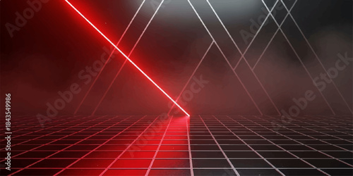 Futuristic red bridge over the river at night with blue fractal lines pattern, digital wave vector concept