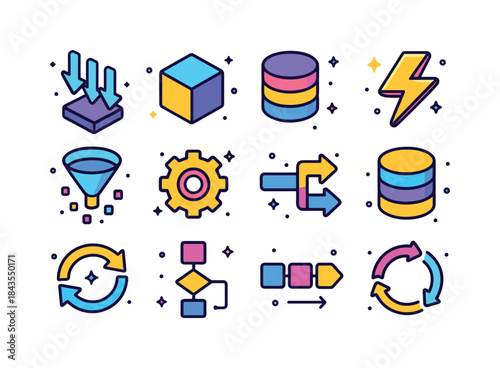 Colorful Data Processing Icons. Data processing. Colorful isomet