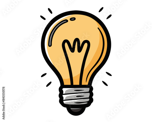 Hand drawn cartoon light bulb glowing with bright idea concept
