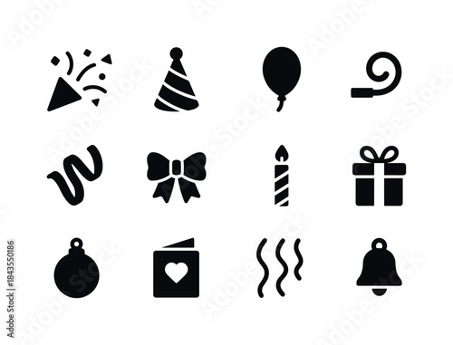 Party Essentials Icons. Party items. Solid icon set of party ite
