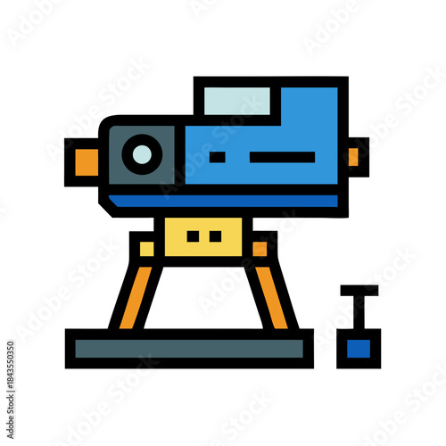 Blue theodolite instrument on tripod stands against dark background