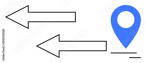 Navigation, travel, logistics, route planning, geolocation, location services. Blue pinpoint marker with two arrows indicating opposite direction. Navigation and travel concept