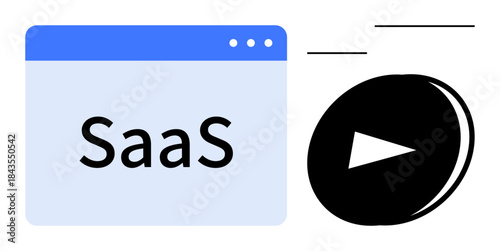 Technology, software solutions, cloud computing, SaaS systems, digital integration, innovation. Browser window labeled SaaS with play icon. SaaS systems and software solutions concept