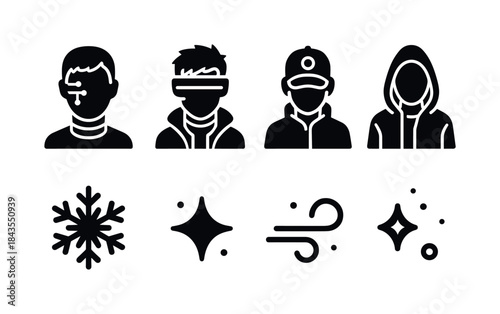 Snowy Cyberpunk Icons. Snowy cyberpunk portraits. Filled icon set of snowy cyberpunk portraits: digital face,