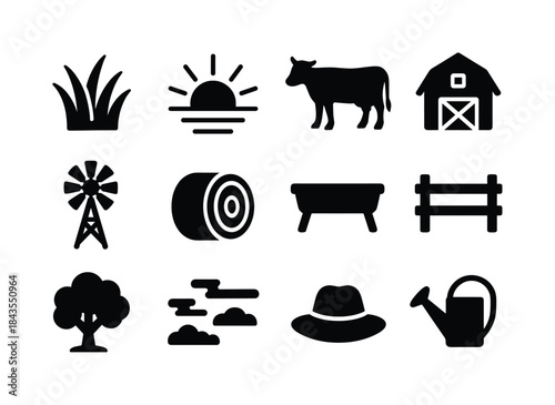 Sunset Pasture Icons. Pasture at sunset. Solid icon set of Pastu