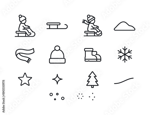Sledding Icon Set. Kids on sleds. Line outline icon set of Kids on sleds: child silhouette, sled outline, snow