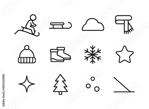 Sledding Icon Set. Winter sledding scene. Line outline icon set of Winter sledding scene: child figure, sled