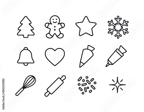 Christmas Bakery Icons. Christmas bakery flat-lay. Line outline icon set of Christmas bakery flat-lay: tree