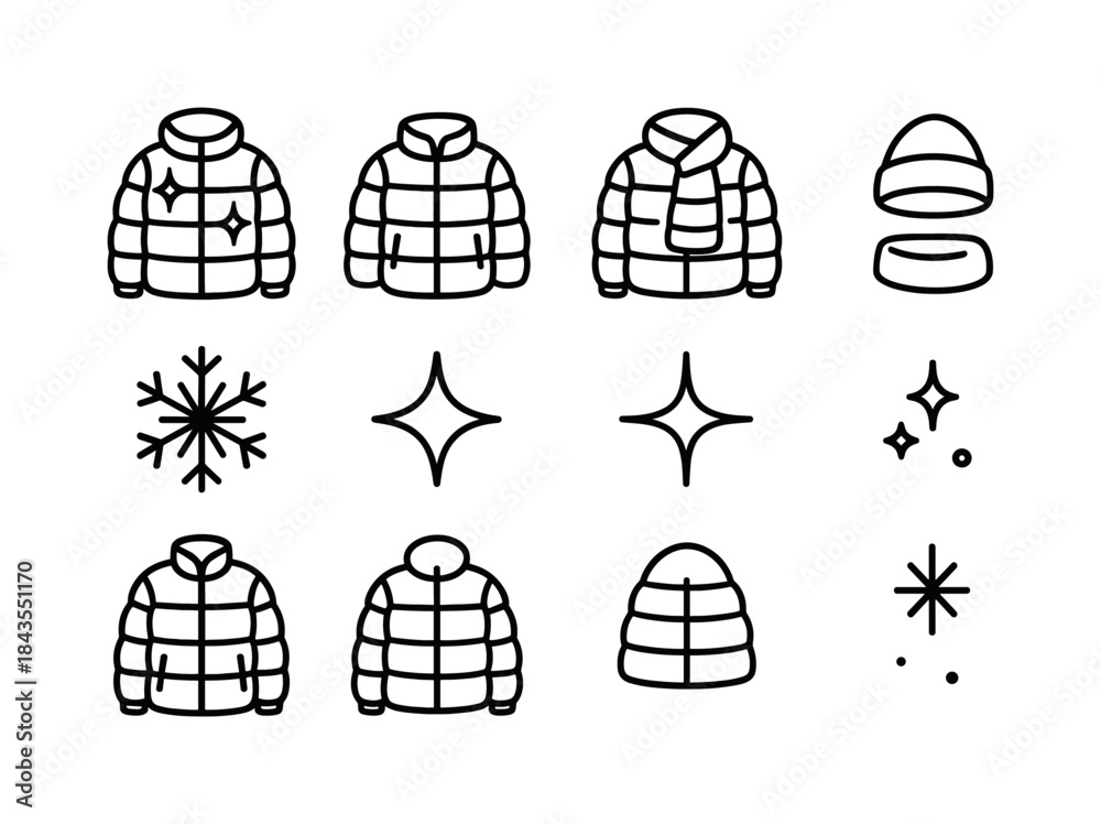 Fototapeta premium Reflective Puffer Icons. Reflective puffer silhouettes. Line outline icon set of Reflective puffer silhouettes