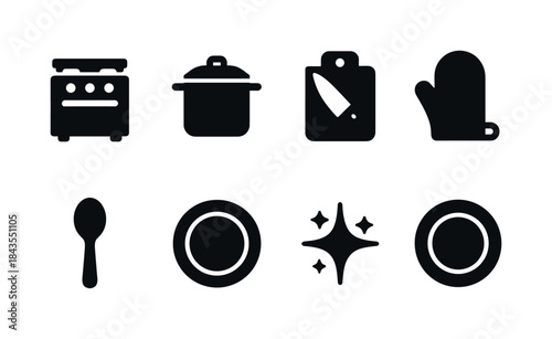 Cozy Kitchen Icons. Cozy kitchen preparing a holiday dinner. Filled icon set of cozy kitchen preparing a