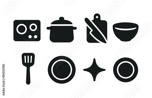 Cozy Kitchen Icons. Cozy kitchen prep. Filled icon set of cozy kitchen prep: stovetop icon, pot silhouette,