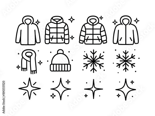 Metallic Jacket Icons. Metallic winter jackets. Line outline icon set of Metallic winter jackets: jacket
