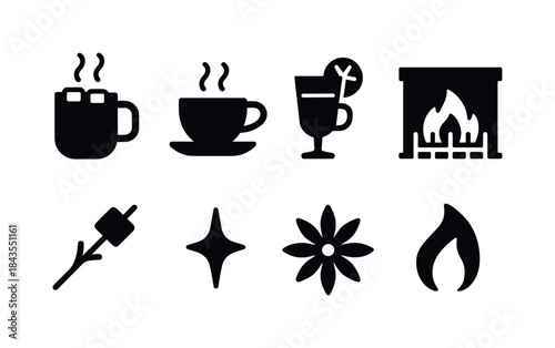 Cozy Fireside Drinks Icons. Warm drinks at fireside. Filled icon set of warm drinks at fireside: cocoa mug,