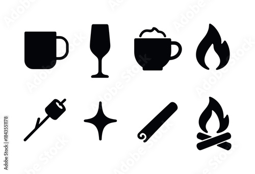 Holiday Warm Drinks Icons. Holiday warm drinks. Filled icon set of holiday warm drinks: mug outline, champagne