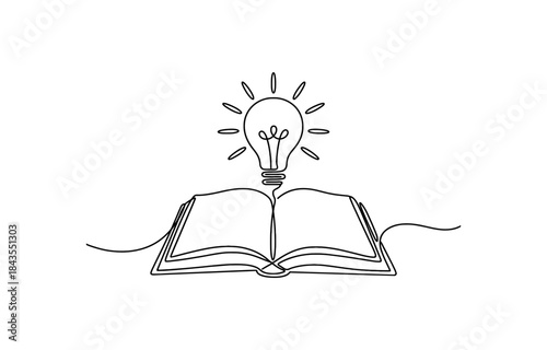 Continuous one line drawing of open book with lamp idea symbol, single line vector illustration, isolated on transparent background.