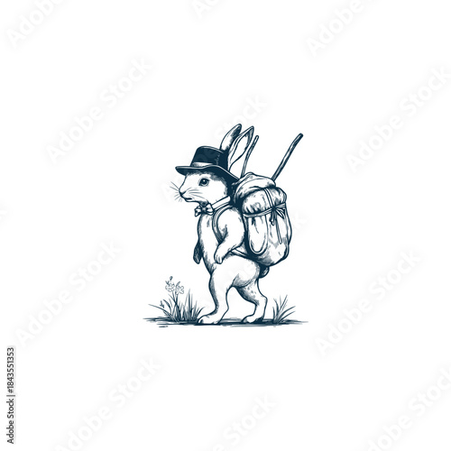 Cute traveler rabbit walking with backpack and hat, vintage hand drawn sketch illustration isolated on white background