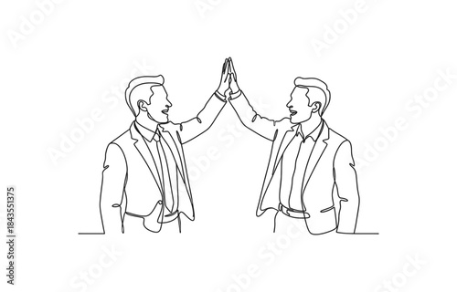 Continuous one line drawing of Two professional businessmen giving high five, Single line art illustration of Partnership high five.