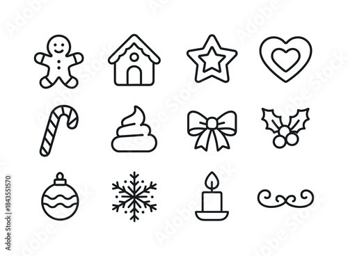 Festive Gingerbread Icon Set. Gingerbread cookies with festive seasonal decorations. Line outline icon set of