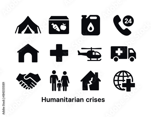 Humanitarian Aid Icons. Humanitarian crises. Solid icon set of H