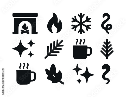 Frosty Cocoa Icons. Frosty cocoa scene icons. Filled icon set of frosty cocoa scene icons: mug graphic icon,