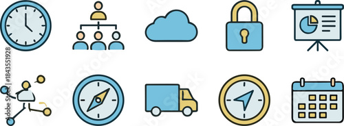 Business management icon set showing time planning cloud security logistics navigation teamwork analytics flat vector illustration ui