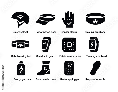 High-Tech Gear Icons. High-tech athletic gear. Solid icon set of
