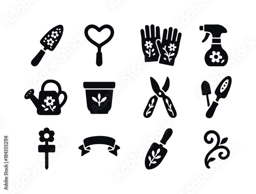 Charming Garden Icons. Pretty gardening tools. Solid icon set of
