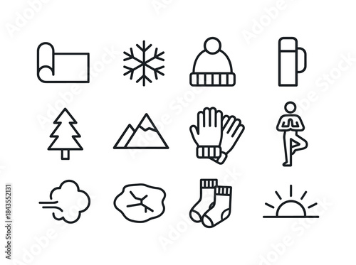 Mulled Wine Market Icons. Hot mulled wine in snowy market. Line outline icon set of Hot mulled wine in snowy