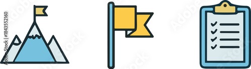 Goal achievement icons set with mountain flag and checklist representing success planning strategy progress and productivity concept