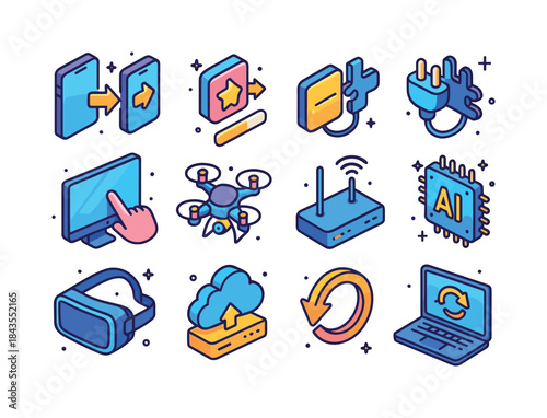 Tech Icon Evolution. Tech Upgrade. Colorful isometric vector ico