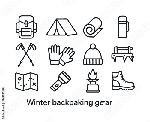 Nordic Winter Yoga Icons. Nordic-style winter outdoor yoga. Line outline icon set of Nordic-style winter