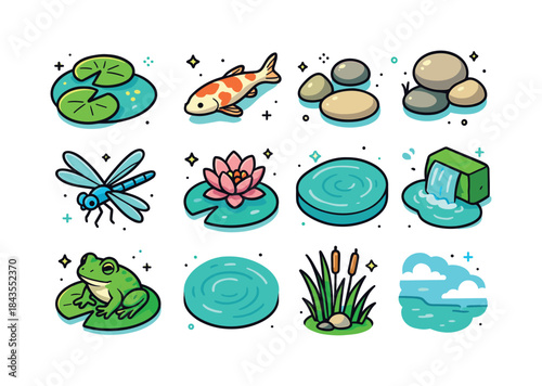 Isometric Pond Icons. Crystal-clear pond. Colorful isometric vec
