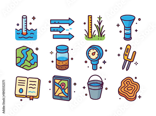 Colorful Hydrology Icons Set. Hydrology Tools. Colorful isometri