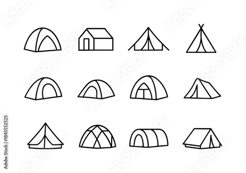 Tent Icon Set. Tent types. Line icon set of Tent types: dome ten