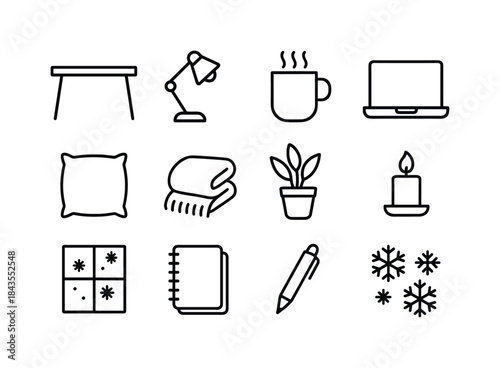 Cozy Workspace Icons. Cozy workspace setup. Line outline icon set of Cozy workspace setup: laptop, mug, candle