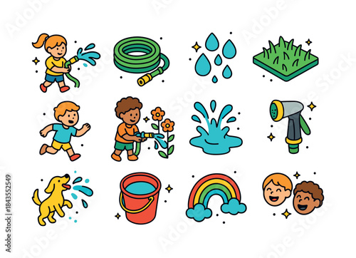 Garden Playtime Icons. Playing with a Garden Hose. Colorful isom