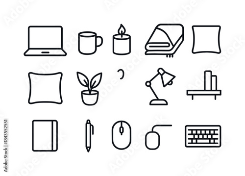 Cozy Home Icons. Indoor comfort details. Line outline icon set of Indoor comfort details: mug, book, candle,