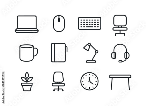 Remote Work Icons. Remote work with a snowy view. Line outline icon set of Remote work with a snowy view: