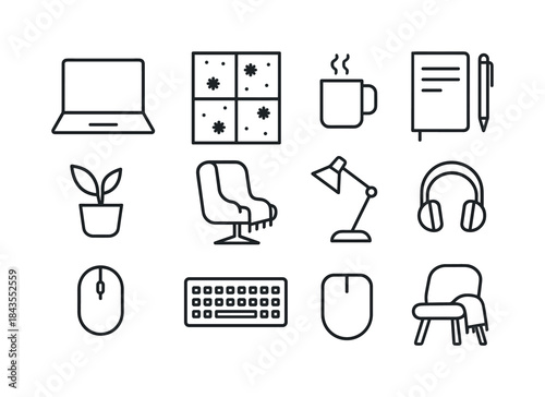 Winter Desk Icons. Winter desk aesthetics. Line outline icon set of Winter desk aesthetics: laptop, mug,