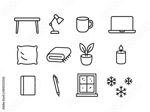 Cozy Workspace Icons. Cozy workspace setup. Line outline icon set of Cozy workspace setup: laptop, mug, candle