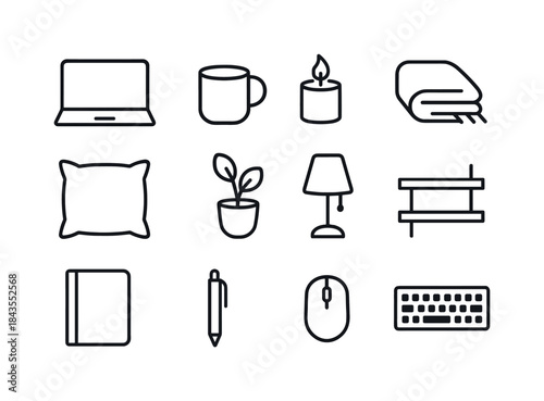 Winter Office Icons. Peaceful winter home office. Line outline icon set of Peaceful winter home office: window