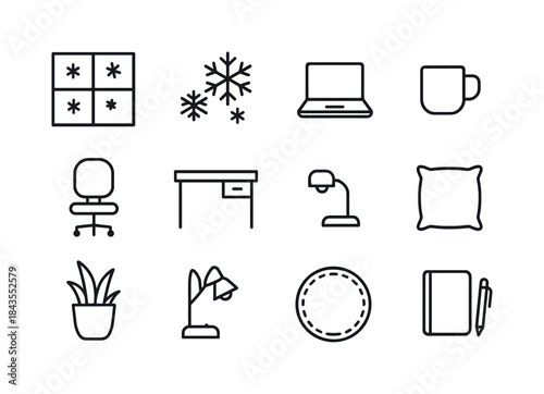 Cozy Winter Icons. Calm winter workspace. Line outline icon set of Calm winter workspace: desk, lamp, mug,