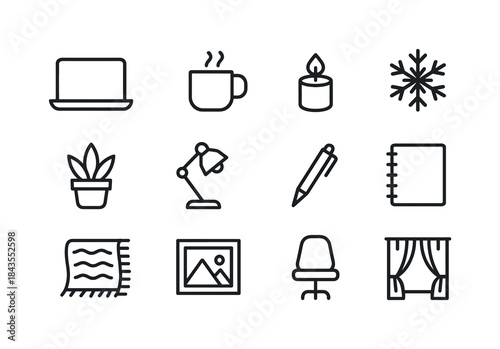 Winter Desk Icons. Winter desk aesthetics. Line outline icon set of Winter desk aesthetics: laptop, mug,