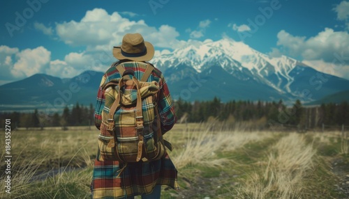 Adventurous traveler gazing at majestic mountain landscape beneath a clear blue sky