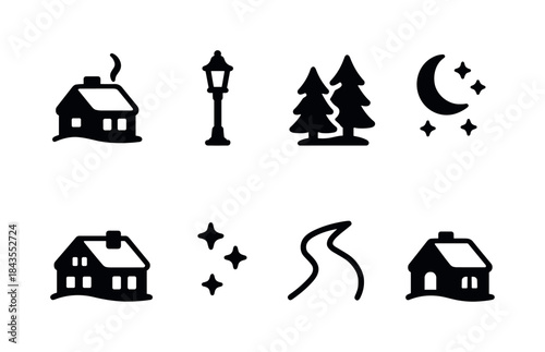 Holiday Props Icons. Holiday props. Filled icon set of holiday props: santa hat, stocking, ornament cluster,