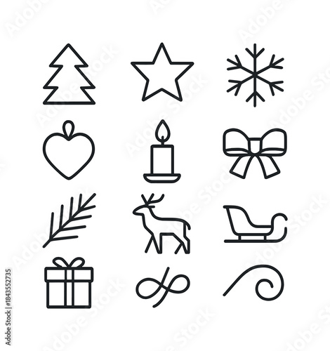 Winter Icon Set. Reindeer in the snow. Line outline icon set of Reindeer in the snow: reindeer, snowflakes,