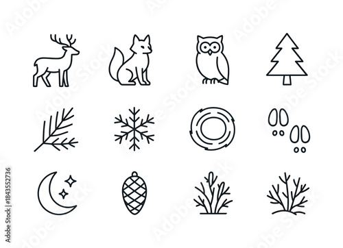 Winter Village Icons. Winter village lights at night. Filled icon set of winter village lights at night: