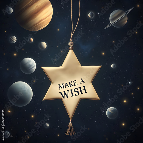 AI Wish Star. A Dark Blue Cosmic Sky With Glowing Planets, Countless Stars, And A Central Bright Star On A String Reading 