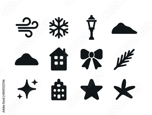 Winter Icon Set. Winter geometric snowflake symbols. Filled icon set of winter geometric snowflake symbols: