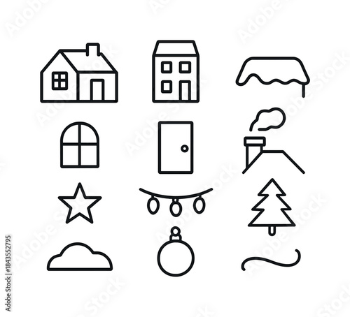 Cozy Winter Icons. Cozy winter night symbols. Filled icon set of cozy winter night symbols: moon icon, rooftop